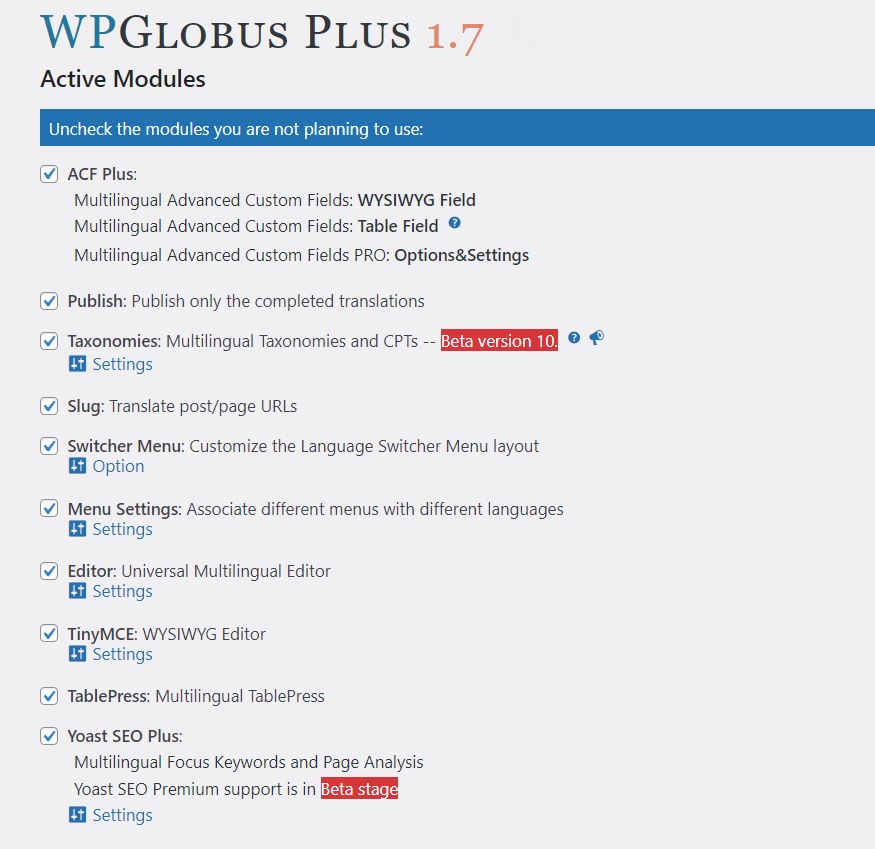 WPGlobus Плюс: панель настроек